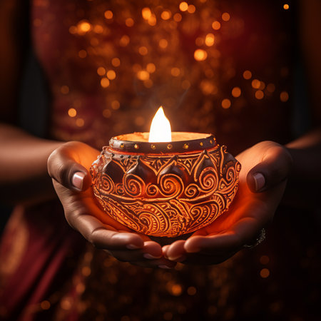 Diwali Clay Lamp in woman hand, Happy Diwali celebration.の素材