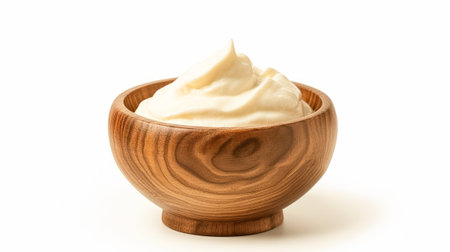 Tasty yoghurt in a wooden bowl isolated on a white background.の素材