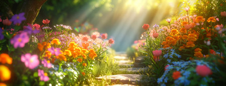 Beautiful garden a path with colorful flowers, dreamy background.の素材