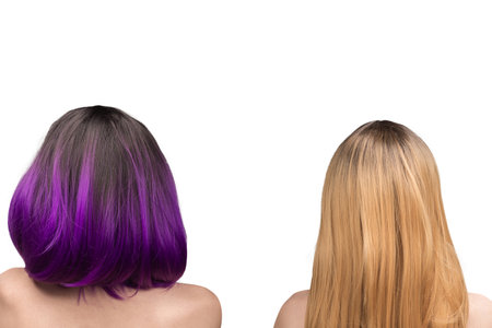 Woman backside, beautiful woman with purple hair isolated on a white background.の写真素材