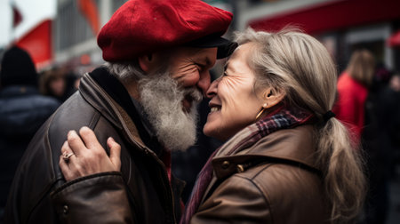 Street photography, professional photo shot of a couple celebrating Valentine's day.の素材