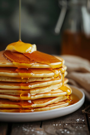 Delicious breakfast, pancakes with butter and sweet syrup.の素材