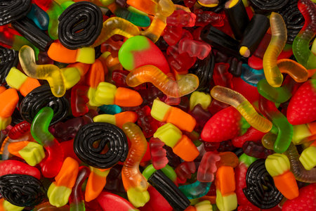 Assorted colorful gummy candies. Top view. Jelly sweets.の写真素材