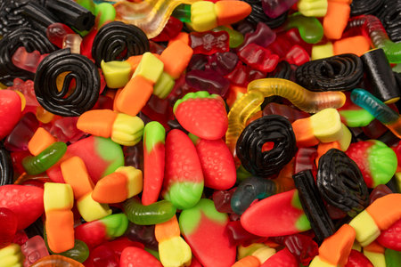 Assorted colorful gummy candies. Top view. Jelly sweets.の写真素材