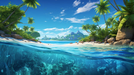 Beautiful tropical ocean with blue sky and palm trees in summerの素材