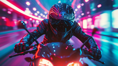 A motorcyclist rides fast in neon lights.の素材