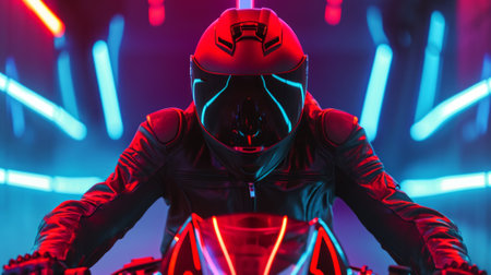 A motorcyclist rides fast in neon lights.の素材