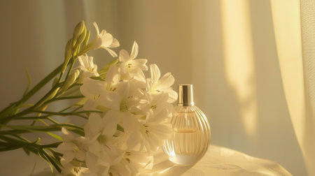 A bottle of perfume and a sprig of tuberose in the sun's raysの素材