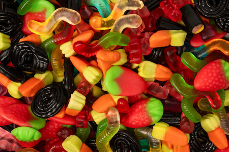 Assorted colorful gummy candies. Top view. Jelly sweets.の写真素材