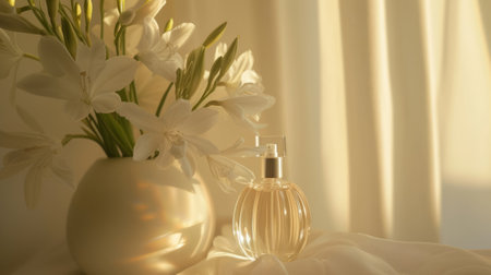 A bottle of perfume and a sprig of tuberose in the sun's raysの素材
