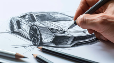 Man designs a car at the office, man drawings concept car.の素材