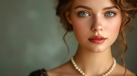 A portrait of a beautiful young woman with necklace with pearls.の素材