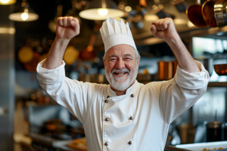 Portrait of a senior chef standing in a restauran and smiling.の素材