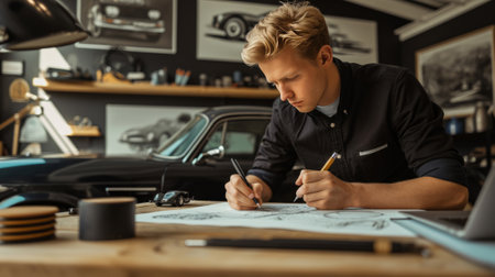 Man designs a car at the office, man drawings concept car.の素材