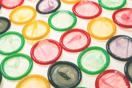 Colorful condoms background. Top view.の写真素材