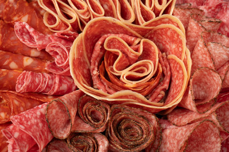 Different kinds of meat cuts on a board. On a black background.の写真素材