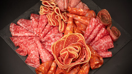 Different kinds of meat cuts on a board. On a black background.