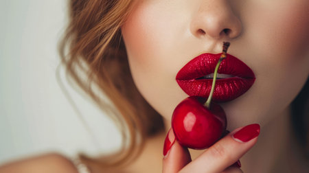 A portrait of seductive woman with red lips holding cherry close to her mouth.の素材