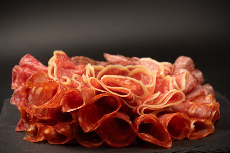 Different kinds of meat cuts on a board. On a black background.