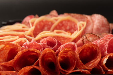 Different kinds of meat cuts on a board. On a black background.の写真素材
