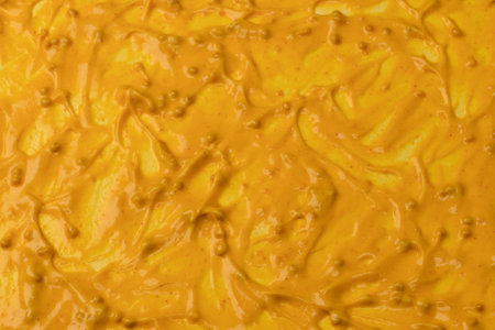 Yellow sauce splashes as a background. Top view.
