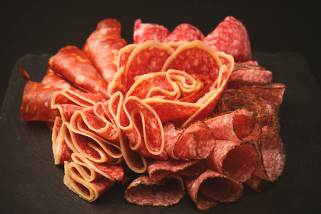 Different kinds of meat cuts on a board. On a black background.の写真素材
