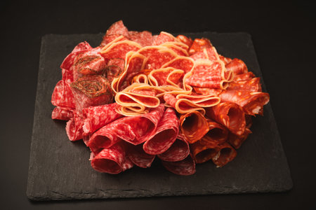 Different kinds of meat cuts on a board. On a black background.の写真素材