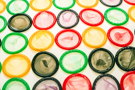 Colorful condoms background. Top view.