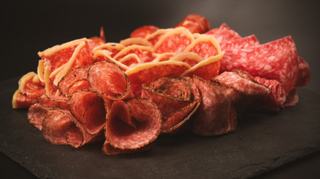 Different kinds of meat cuts on a board. On a black background.