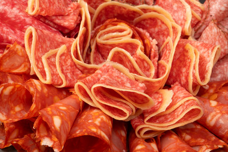 Different kinds of meat cuts on a board. On a black background.の写真素材