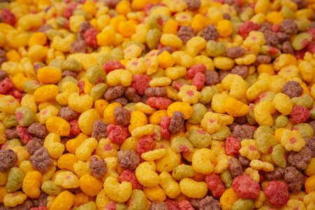 Sweet crunchy cornflakes as background. Top view.の写真素材