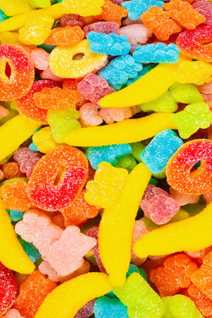 Assorted gummy candies. Top view. Jelly sweets.の写真素材