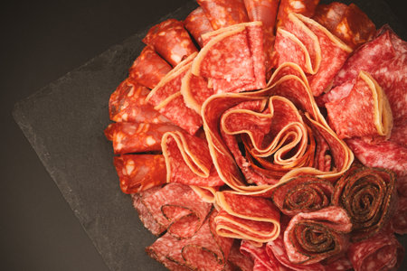 Different kinds of meat cuts on a board. On a black background.