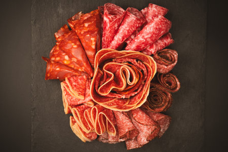 Different kinds of meat cuts on a board. On a black background.の写真素材
