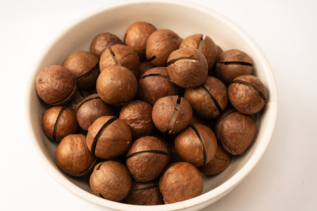 Macadamia nuts in a shell isolated on a white background. Top view.の写真素材
