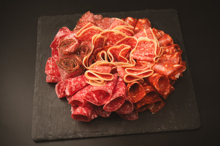 Different kinds of meat cuts on a board. On a black background.