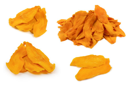 Tasty sugar mango slices background. Top view.の写真素材