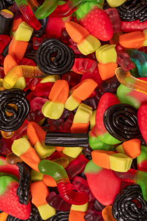 Assorted colorful gummy candies. Top view. Jelly sweets.の写真素材
