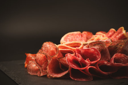 Different kinds of meat cuts on a board.の写真素材