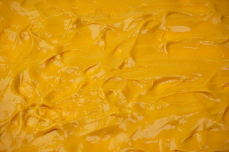 Yellow sauce splashes as a background. Top view.