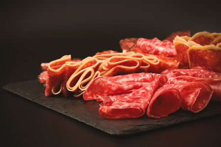 Different kinds of meat cuts on a board. On a black background.