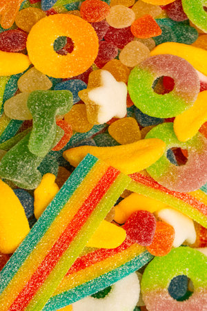 Assorted gummy candies. Top view. Jelly sweets.