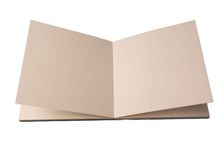 Open notebook with blank pages isolated on a white background. Top view.の写真素材