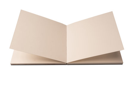 Open notebook with blank pages isolated on a white background. Top view.の写真素材