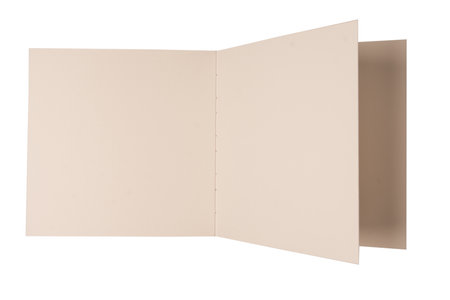 Open notebook with blank pages isolated on a white background. Top view.の写真素材