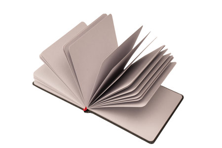 Open notebook with blank pages isolated on a white background. Top view.