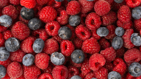 Raspberry, blueberry as a background. Top view.