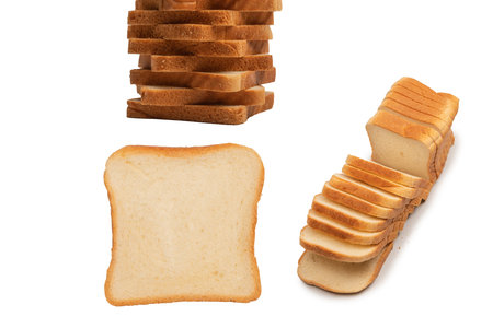 Delicious bread slices isolated on a white background, top view.