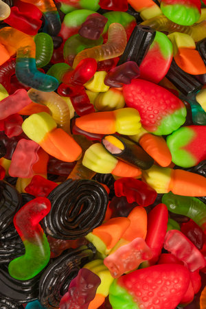 Assorted colorful gummy candies. Top view. Jelly sweets.の写真素材