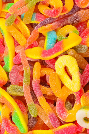 Assorted gummy candies. Top view. Jelly sweets.の写真素材
